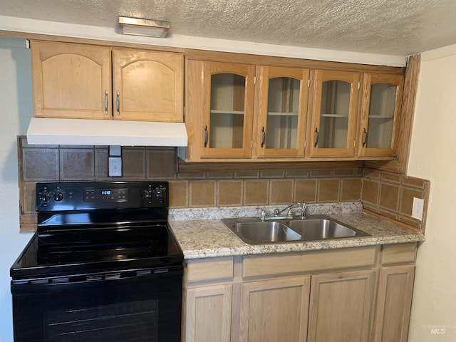 kitchen featuring backsplash, glass insert cabinets, a sink, black range with electric cooktop, and under cabinet range hood