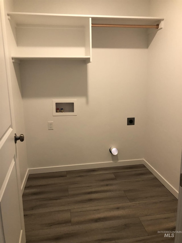 laundry room with hookup for a washing machine, dark wood-type flooring, and electric dryer hookup