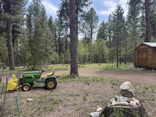 26 Doaka Ct, Idaho City, ID 83631 - view of yard featuring a storage unit, an outbuilding, and a forest view