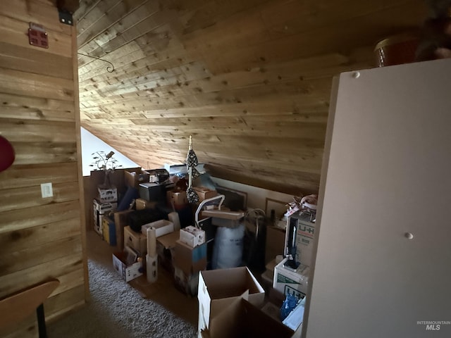 26 Doaka Ct, Idaho City, ID 83631 - additional living space with wood ceiling, wood walls, carpet flooring, and vaulted ceiling