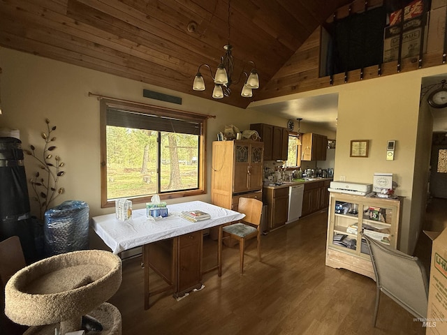 26 Doaka Ct, Idaho City, ID 83631 - dining area featuring wooden ceiling, healthy amount of natural light, dark wood finished floors, a chandelier, and high vaulted ceiling