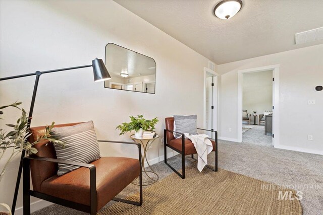 living area with light colored carpet