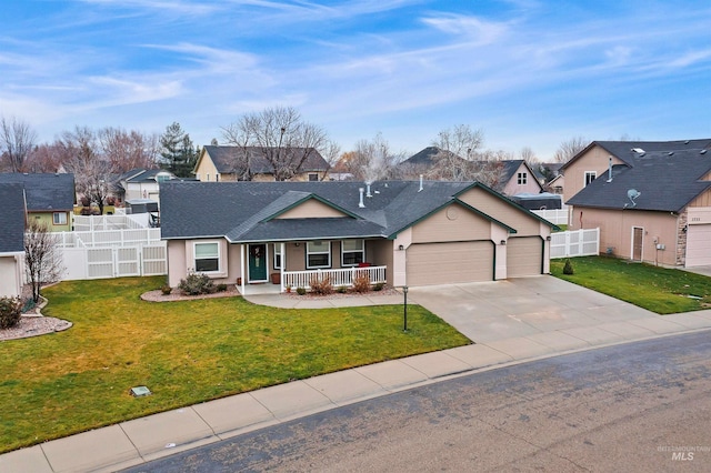 ranch-style home featuring a garage, a porch, and a front lawn