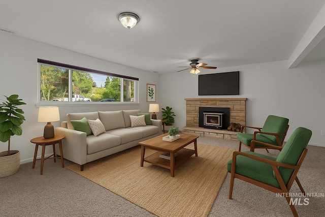 7313 W Court Ave, Boise, ID 83704 - living area featuring ceiling fan, light carpet, a fireplace, and baseboards