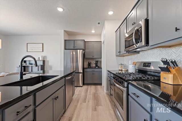 kitchen with a sink, light wood-style floors, stainless steel appliances, gray cabinets, and backsplash