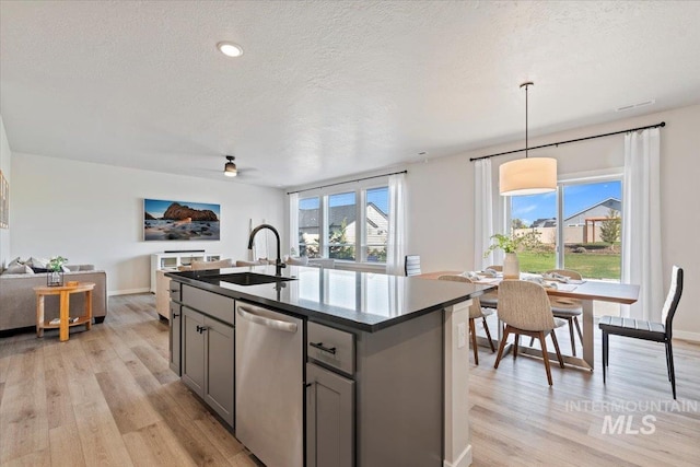 kitchen featuring gray cabinets, dishwasher, light wood finished floors, a sink, and open floor plan