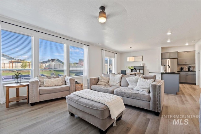 living room with light wood-type flooring and a textured ceiling