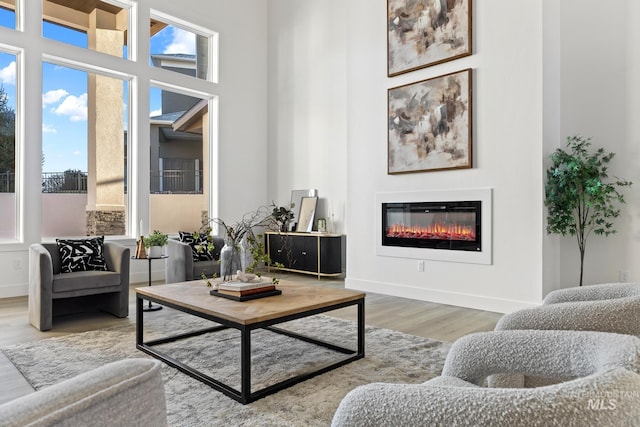 living area featuring a towering ceiling and hardwood / wood-style flooring