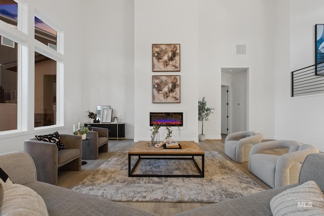 living room with a towering ceiling and hardwood / wood-style flooring