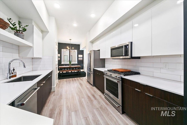 kitchen featuring modern cabinets, stainless steel appliances, white cabinetry, open shelves, and a sink