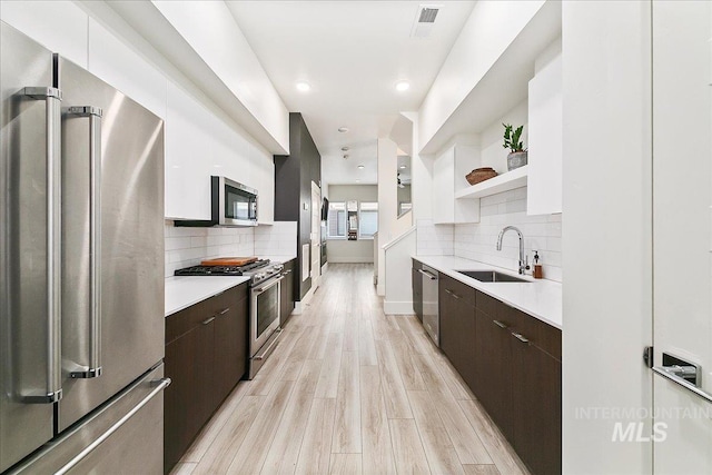 kitchen featuring dark brown cabinetry, a sink, open shelves, high end appliances, and modern cabinets