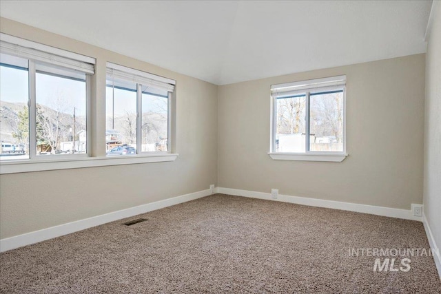 empty room featuring a mountain view, carpet, and plenty of natural light