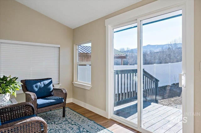 interior space with a mountain view, vaulted ceiling, and hardwood / wood-style floors