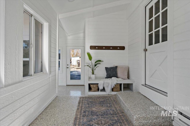 mudroom featuring lofted ceiling and wooden walls