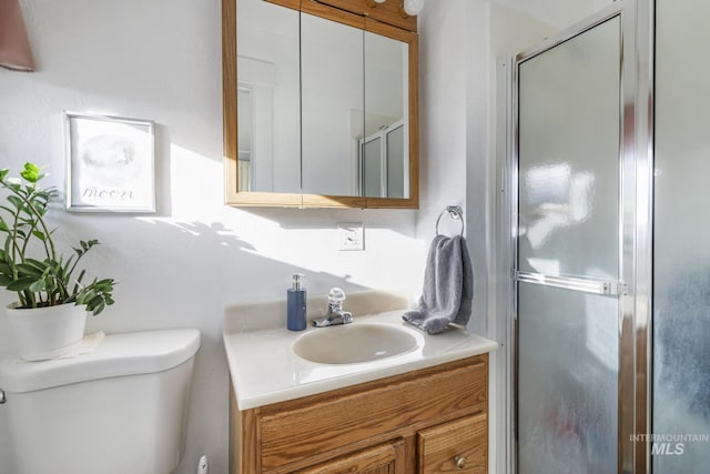 bathroom with toilet, a stall shower, and vanity