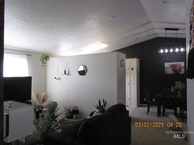 living room featuring lofted ceiling and carpet floors