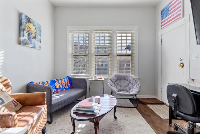 living room featuring baseboards, wood finished floors, and a healthy amount of sunlight