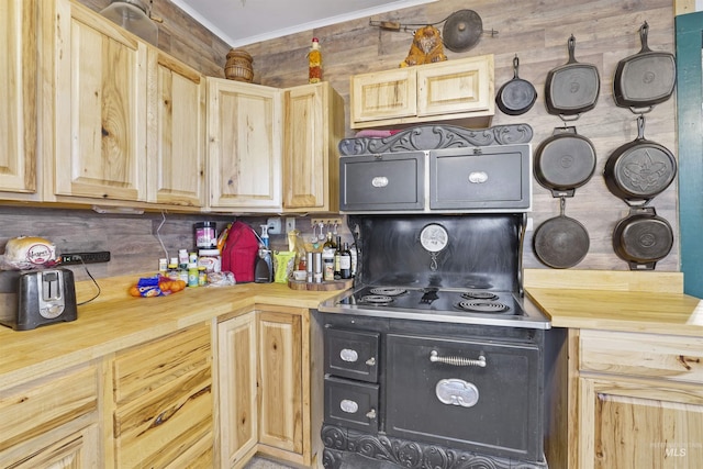 2727 E 3300 N, Twin Falls, ID 83301 - kitchen featuring butcher block counters, light brown cabinetry, and crown molding