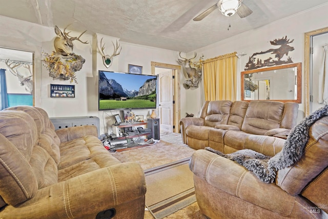 living room featuring ceiling fan and crown molding