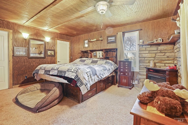 2727 E 3300 N, Twin Falls, ID 83301 - bedroom with carpet floors, wooden ceiling, wooden walls, and a ceiling fan