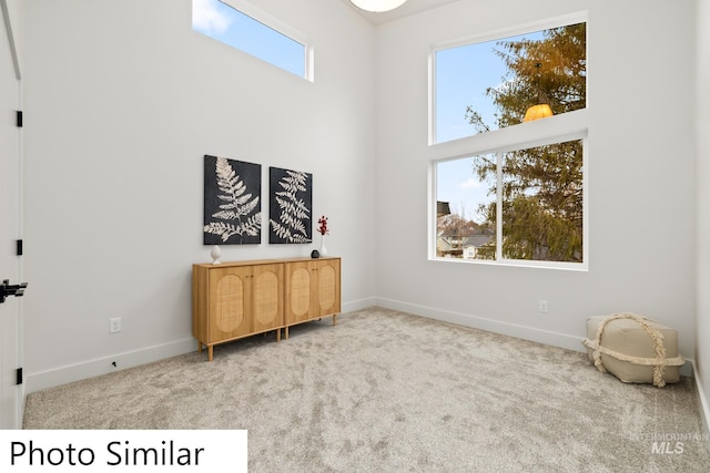 sitting room with baseboards, carpet floors, and a towering ceiling