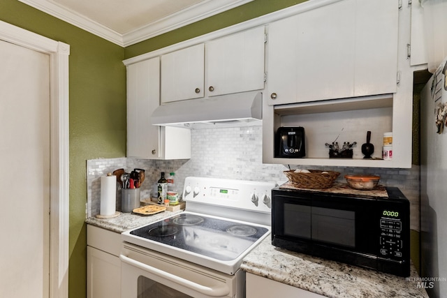 2819 Gemini, Caldwell, ID 83605 - kitchen featuring white electric stove, black microwave, under cabinet range hood, light countertops, and ornamental molding