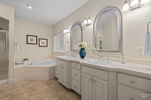 bathroom with vanity, tile patterned flooring, and independent shower and bath