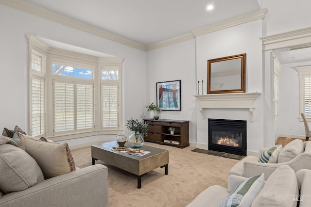 living room featuring crown molding and light carpet