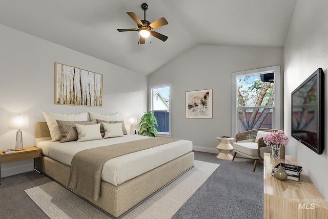 3742 N Heritage View Ave, Meridian, ID 83646 - bedroom featuring dark carpet, multiple windows, lofted ceiling, a ceiling fan, and baseboards