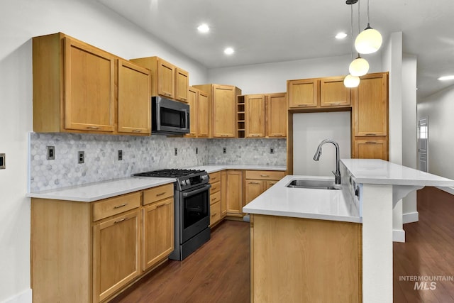 3742 N Heritage View Ave, Meridian, ID 83646 - kitchen with appliances with stainless steel finishes, a sink, dark wood-style floors, decorative backsplash, and recessed lighting