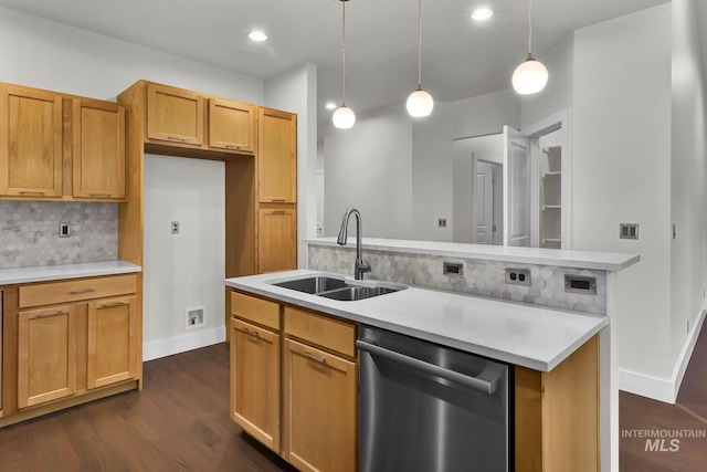 3742 N Heritage View Ave, Meridian, ID 83646 - kitchen featuring dishwasher, a sink, tasteful backsplash, dark wood finished floors, and recessed lighting