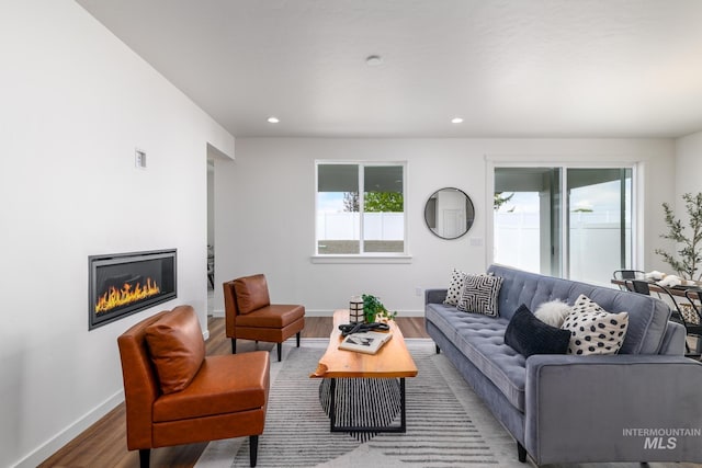 living room featuring a wealth of natural light, a glass covered fireplace, baseboards, and wood finished floors