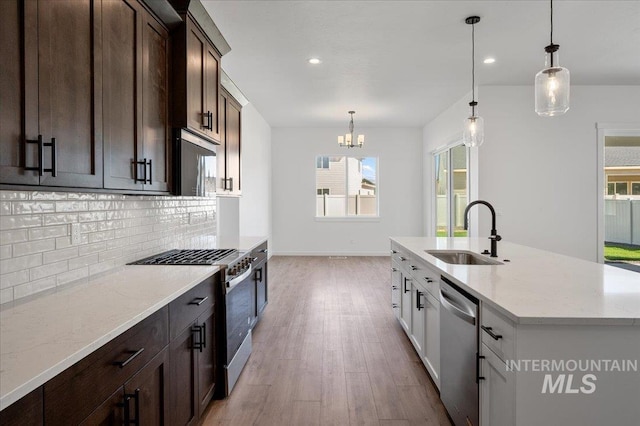 5278 W Mcnair St, Meridian, ID 83646 - kitchen with appliances with stainless steel finishes, a sink, tasteful backsplash, light wood-style floors, and plenty of natural light