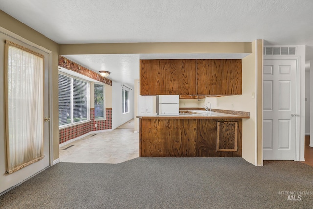 955 Bitterroot Pl, Twin Falls, ID 83301 - kitchen featuring freestanding refrigerator, light carpet, a textured ceiling, a peninsula, and a sink