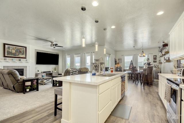 2982 W Mcintosh, Kuna, ID 83634 - kitchen featuring stainless steel electric range oven, healthy amount of natural light, a fireplace, open floor plan, and recessed lighting