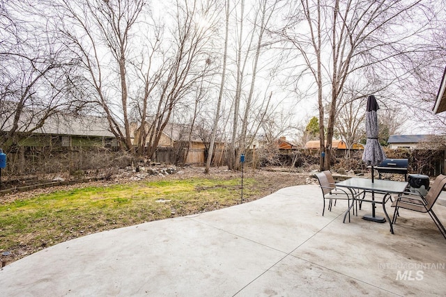 view of patio / terrace with outdoor dining space, a fenced backyard, and area for grilling