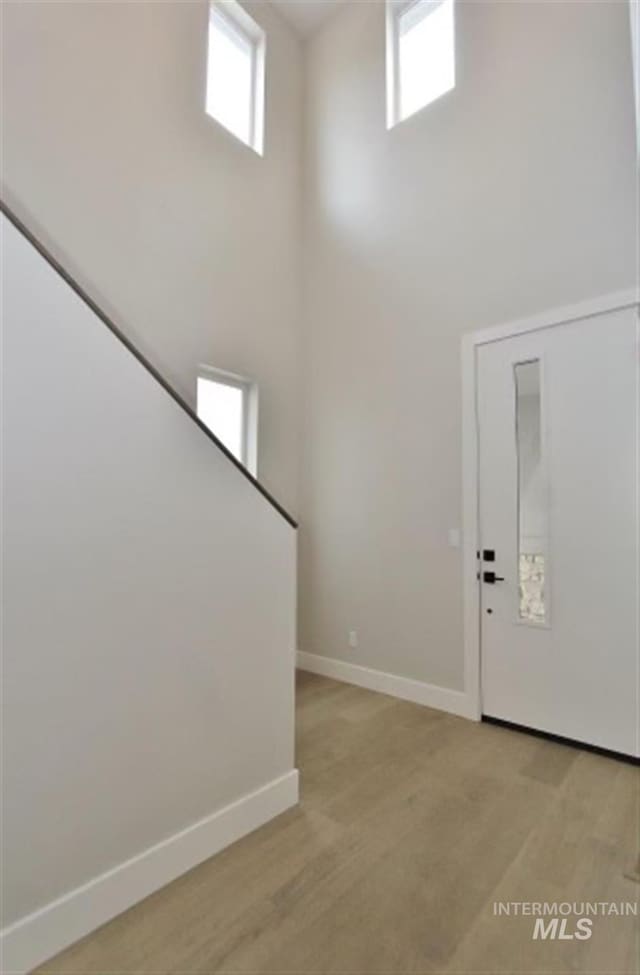 carpeted entryway featuring a high ceiling