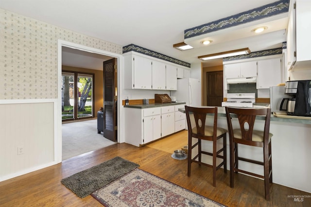 1719 S Gekeler Ln, Boise, ID 83706 - kitchen with white appliances, under cabinet range hood, a wainscoted wall, white cabinetry, and light wood-style flooring