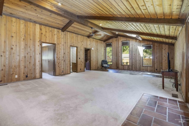 1719 S Gekeler Ln, Boise, ID 83706 - unfurnished living room with wood walls, wooden ceiling, carpet, and ceiling fan