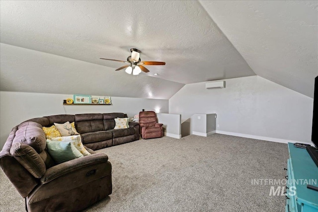 1879 Prairie View Way, Middleton, ID 83644 - carpeted living area featuring a textured ceiling, an AC wall unit, lofted ceiling, and ceiling fan