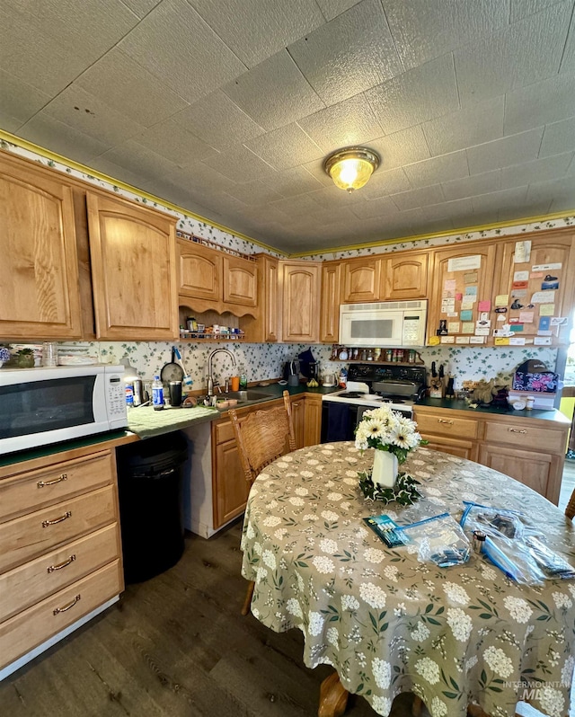 kitchen featuring black electric range oven, dark wood-type flooring, sink, and dishwasher