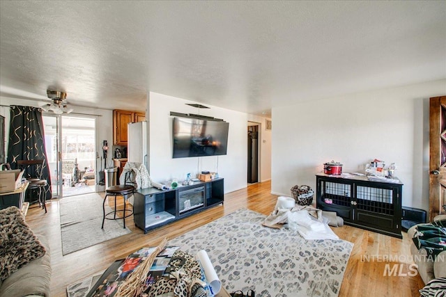 living area with a textured ceiling and light wood finished floors