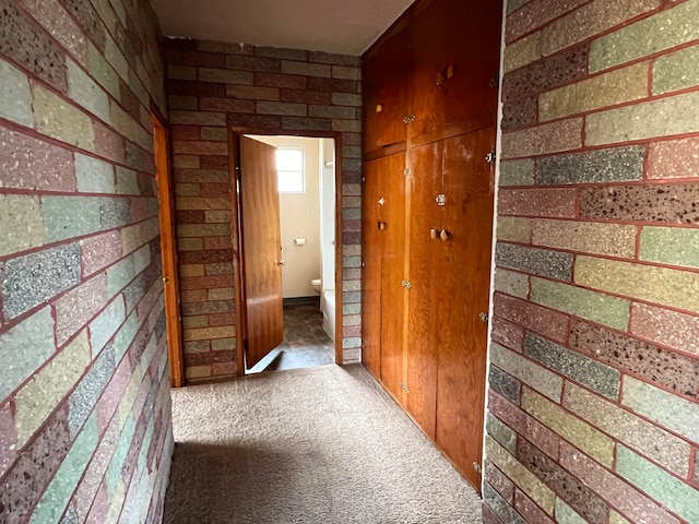 hallway featuring wood walls and carpet floors