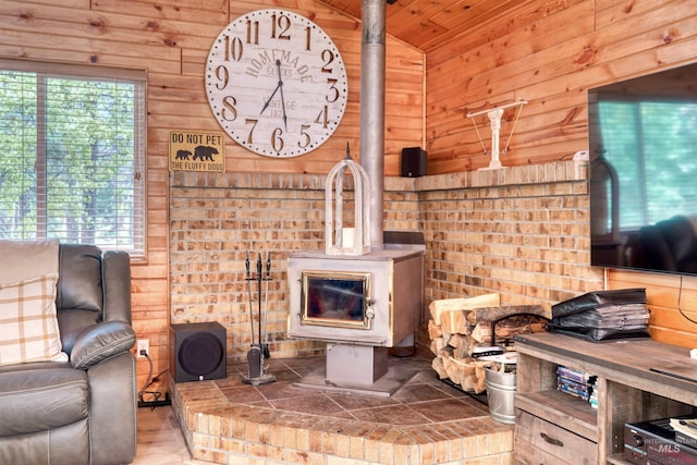 living area with a wood stove, wooden walls, and a wealth of natural light