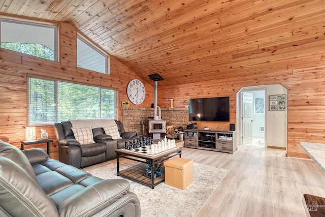 living room featuring wood walls, wooden ceiling, a wood stove, wood finished floors, and high vaulted ceiling