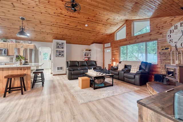 living room with wooden ceiling, a wood stove, visible vents, and light wood-type flooring