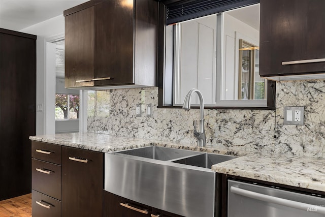 kitchen featuring a sink, dark brown cabinetry, dishwasher, and decorative backsplash