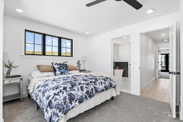 bedroom featuring carpet flooring and ceiling fan