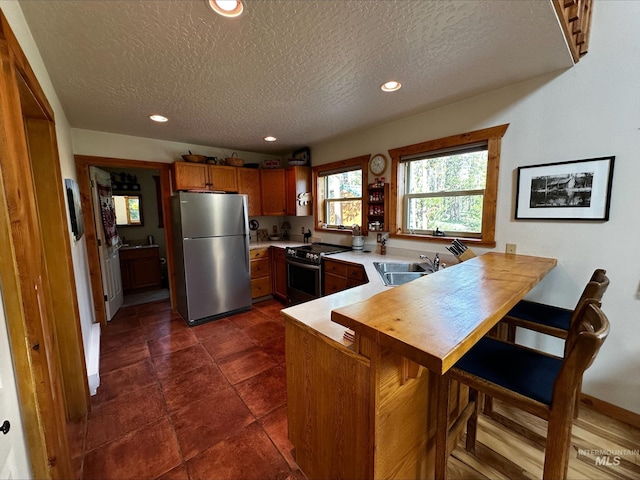 95 Valley Way, Stanley, ID 83278 - kitchen featuring appliances with stainless steel finishes, a sink, a textured ceiling, a peninsula, and recessed lighting