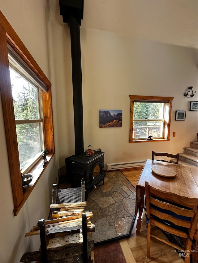 95 Valley Way, Stanley, ID 83278 - dining room with a wood stove, baseboard heating, healthy amount of natural light, and wood finished floors